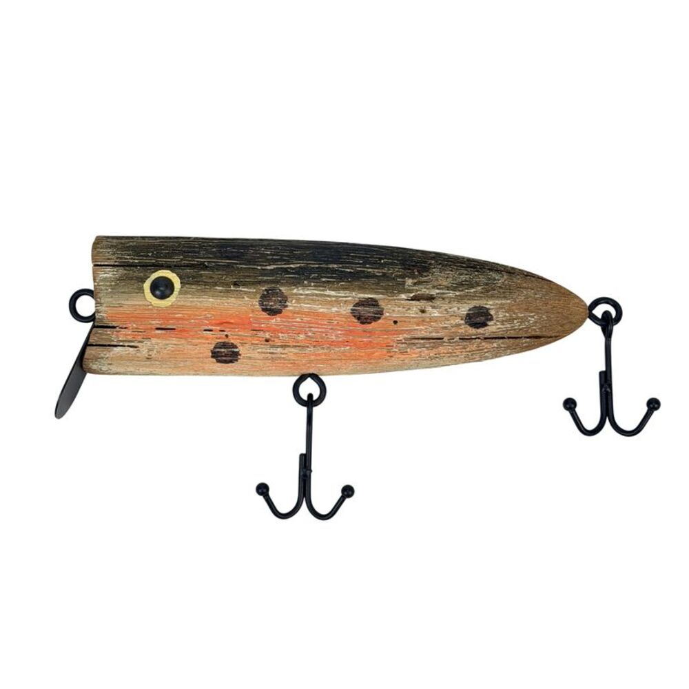 Decorative Fishing Lure Wall Decor Distressed Wood Metal Hooks 12.5 Inch